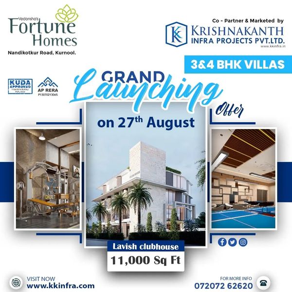 Luxurious 3BHK and 4BHK Duplex Villas with Home Theater at Vedansha’s Fortune Homes Near Sudireddy Palli Road, Kurnool