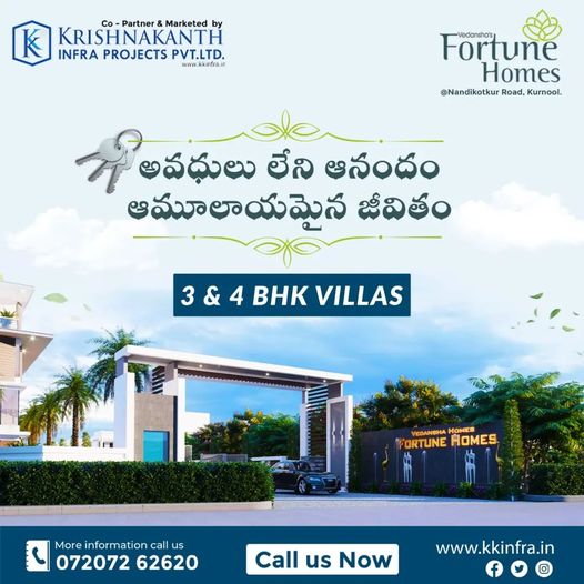 Luxurious 3BHK and 4BHK Duplex Villas with Home Theater at Vedansha’s Fortune Homes Near Sudireddy Palli Road, Kurnool